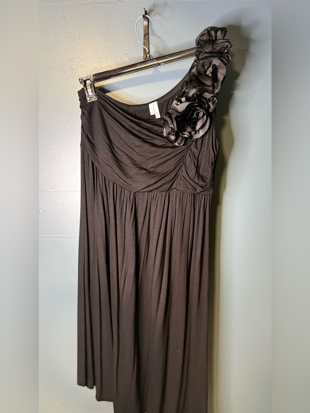 Studio Black One-Shoulder Maxi Dress with Rosette Accent